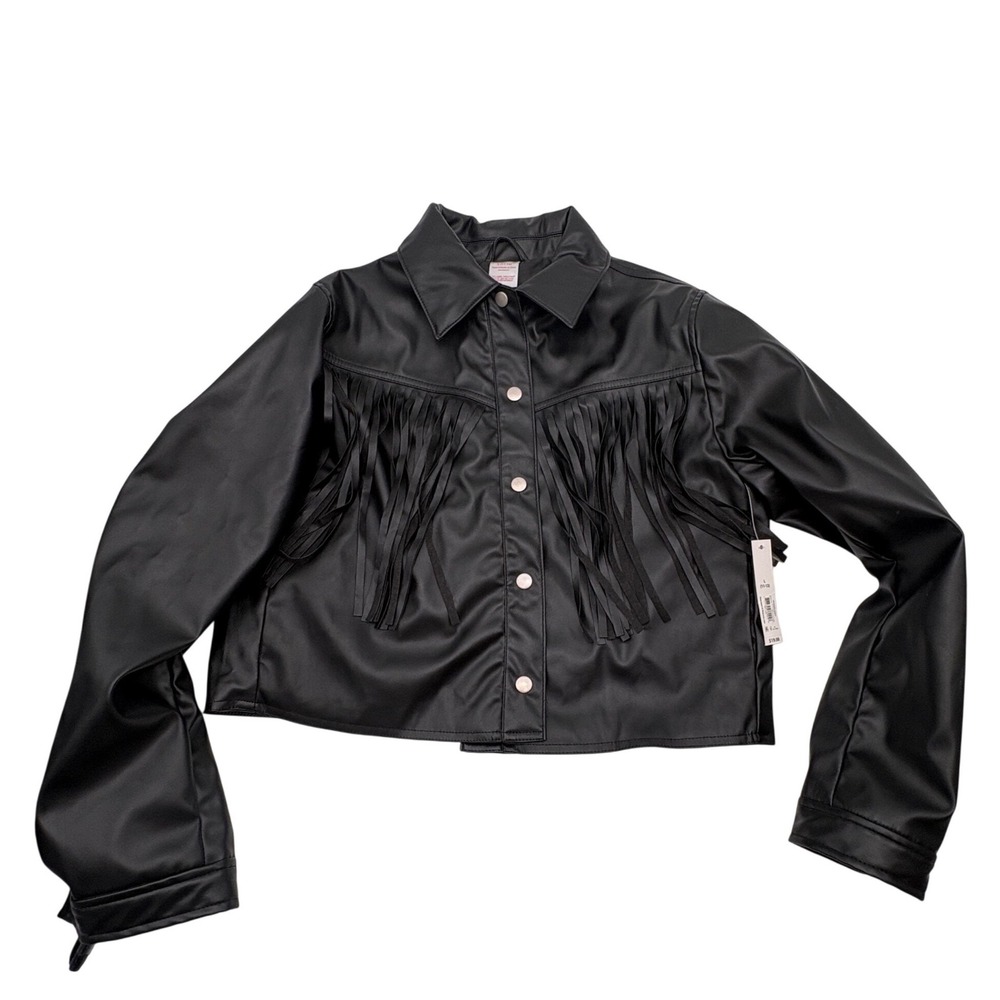 No Boundaries Girl junior Black Faux Leather Fringe Jacket Cropped Snap  L 11-13